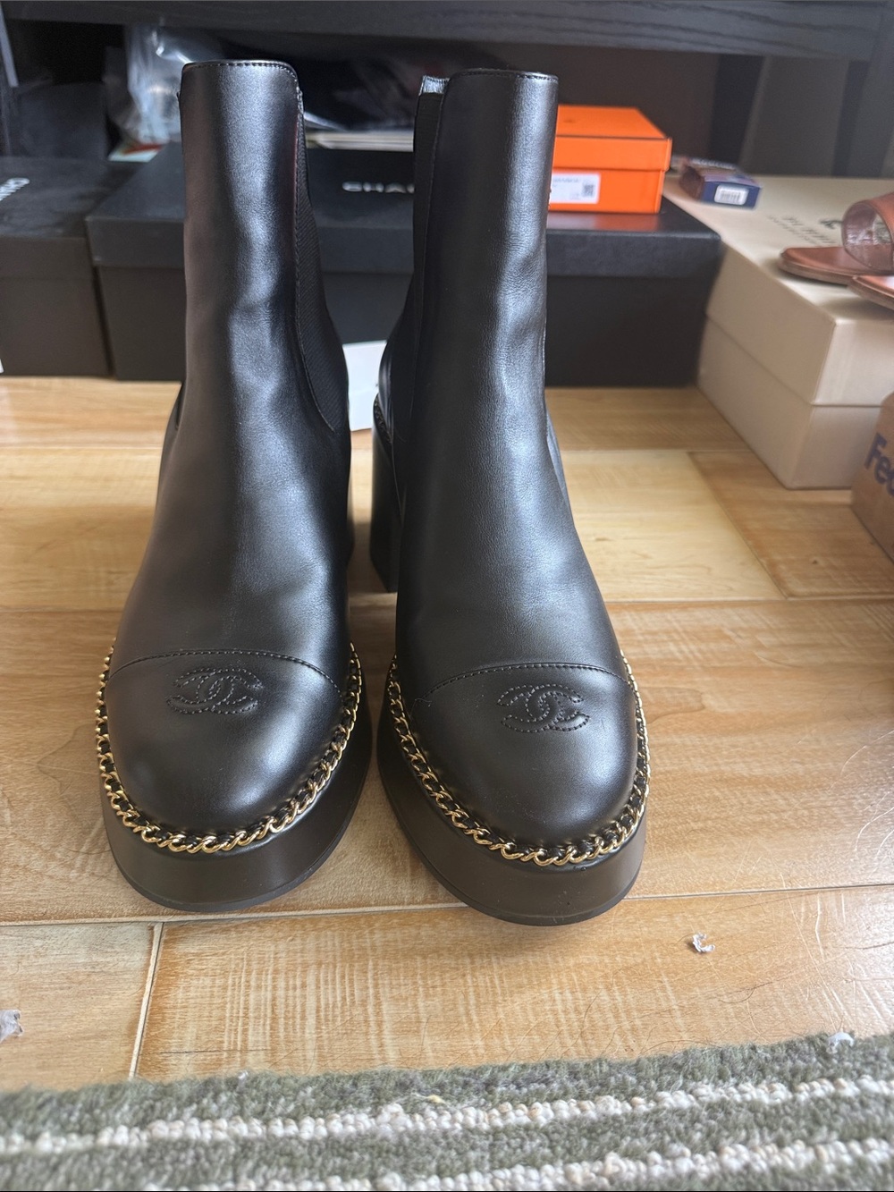 CHANEL Black Leather Chain-Trim Platform Ankle Boots